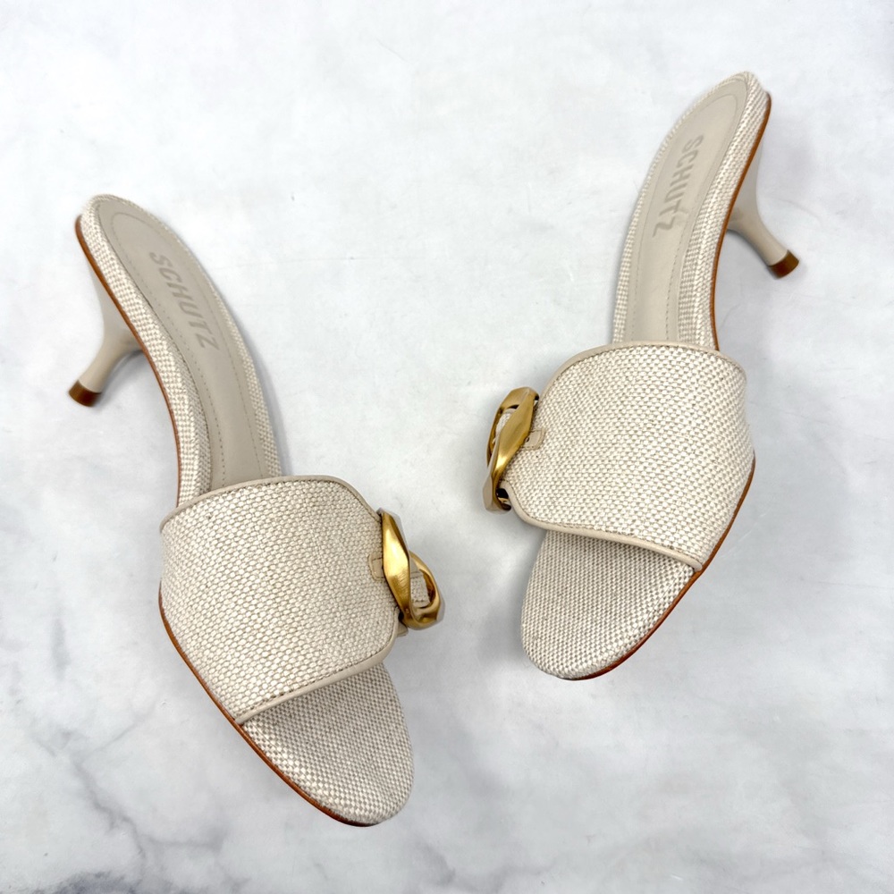 NEW Schutz Olga 55 Brushed Buckle Textured Linen Canvas Kitten Heel Sandals 6 - Picture 5 of 13